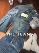 JHL JEANS 水洗蓝重磅多口袋立体剪裁工装牛仔裤直筒阔腿裤男女