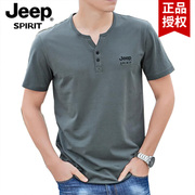 jeep短袖t恤纯棉男士2023年夏季薄款v领体恤宽松弹力大码上衣