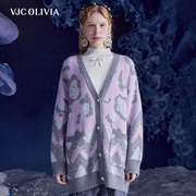 vjcolivia2023秋冬羊毛衫，复古提花中长款开衫外套女装