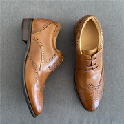 42码棕色内增高皮鞋男士头层牛皮尖头商务正装鞋英伦雕花布洛克鞋