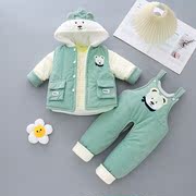 男女宝宝秋冬装婴儿棉衣袄三件套装加厚1岁6个月背带裤冬季新年装