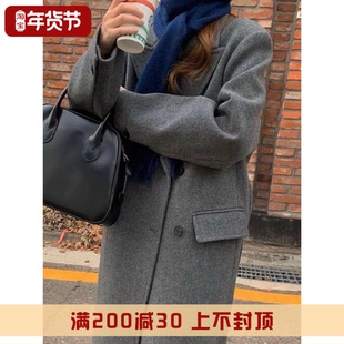 2023秋冬韩版高端西装式，双面羊绒大衣女高级灰色加厚毛呢外套