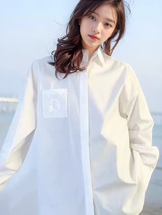 女装衣依阿玛施2024春秋，时尚百搭韩版休闲口袋白色长袖衬衫