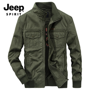 jeepspirit夹克男士立领，水洗外套全棉，宽松大码休闲工装上衣