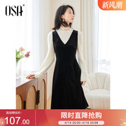OSA欧莎假两件灯芯绒磨毛连衣裙女秋冬装2023年新款气质蕾丝裙子
