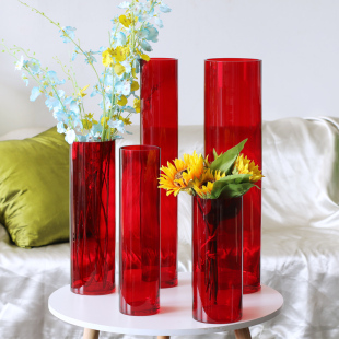 大红色直筒玻璃花瓶富贵竹水培婚庆大号落地结婚装饰花器405060cm
