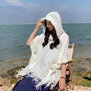 白色民族风针织衫连帽斗篷，宽松镂空流苏披肩女士，夏季青海旅游外搭