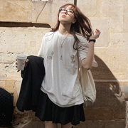 法式欧美风印花短袖T恤衫女夏季小众设计感宽松休闲潮流上衣