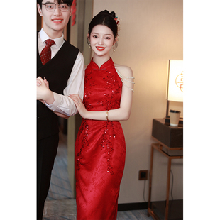 新中式挂脖旗袍敬酒服2024新娘，高级感晨袍红色裙子订婚礼服裙