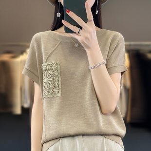 夏季薄款竹节麻短袖韩版冰丝，t恤女针织衫时尚上衣设计感小众外穿