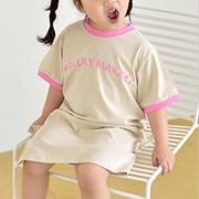 夏装韩版童装女童韩范十足洋气纯棉字母，撞色短袖长款裙衫