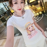 欧洲站2019夏韩版T恤女卡通漫画显瘦学院风衣服减龄紧身短袖