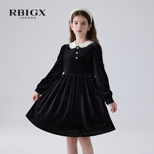 rbigx瑞比克童装中大童，礼服长袖法式优雅风丝绒女童连衣裙
