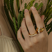 JOALIU 珍珠复古宽版金属感戒指 男女中性款高级感冷淡风戒指小众
