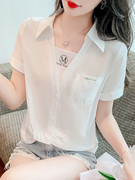 韩国假两件v领短袖，t恤夏季女2024设计感小众短款雪纺衬衫上衣