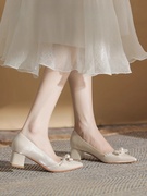 蝴蝶结高跟鞋女2023年法式秀禾婚纱两穿珍珠婚鞋粗跟单鞋日常