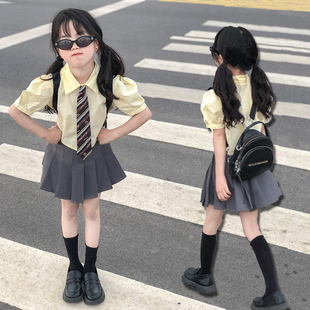 韩国女童套装学院风甜美夏装，短袖衬衫上衣网，红潮大童百褶半身短裙