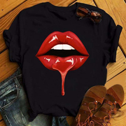 lipprintt-shirt外贸，欧美性感嘴唇印花圆领，黑色t恤女士短袖