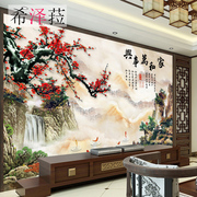 新中式3d壁画客厅沙发，电视背景墙壁纸仿大理石纹，梅花墙纸大气墙布