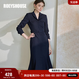 罗衣知性深蓝色西装连衣裙，女2024春装，肌理感系带鱼尾裙07959