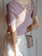 淡香芋紫色T恤女夏短款法式冰丝v领针织打底衫上衣短袖修身浅粉色