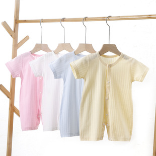 新生婴儿连体衣0-2岁1纯色，短袖爬服纯棉，夏季薄款3透气儿童衣服6月