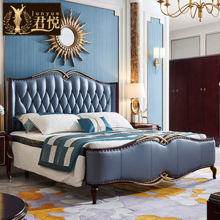 美式轻奢实木床后现代英伦风，真皮双人床1.8米主卧家具套装欧式1.5