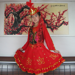 新疆舞蹈演出服女孩儿童大摆裙表演维吾尔族少数民族风亮片连衣裙