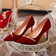 法式婚鞋冬季女感秀禾婚纱，两穿高跟鞋小众新娘鞋红色珍珠单鞋