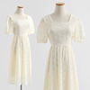 超仙雪纺绣花连衣裙女夏季法式白色泡泡袖珍珠，方领甜美仙女裙