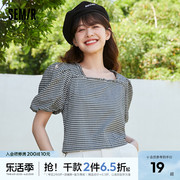 森马短袖衬衫女短款格子方领法式复古2022夏季泡泡袖肌理衬衣