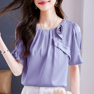 紫色雪纺衬衫女装泡泡短袖，2024夏季法式气质衬衣面试简约上衣