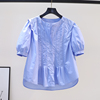 洋气泡泡袖蓝色棉衬衫女设计感压褶皱宽松衬衣2023夏季圆领上衣潮