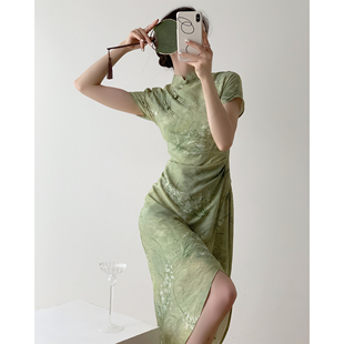 icts平芜尽处是春山，绿调兰花水墨，改良新中式国风短袖旗袍连衣裙