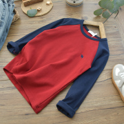 儿童深蓝拼红色插肩修身打底衫，纯棉韩版男童圆领磨毛长袖t恤