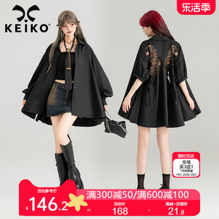 keiko重工蝴蝶刺绣黑色短袖，衬衫薄24夏季设计感泡泡，袖上衣防晒衫