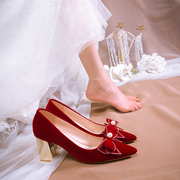 秋季婚鞋女红色高跟秀禾婚纱，结婚鞋子百搭敬酒新娘，鞋孕妇粗跟红鞋