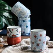 日式文艺复古手工彩绘青花朵陶瓷茶杯无手柄家用创意随手直身杯子