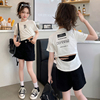 女童夏季套装韩版中大童套头T恤短裤洋气两件套百搭时髦薄款热裤
