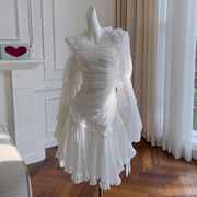 法式复古宫廷风白色轻婚纱，礼服女小众，不规则褶皱雪纺连衣裙68033