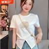 新中式国风刺绣短袖t恤女2024年春夏季抽褶修身开叉体恤上衣