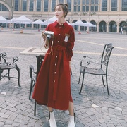 灯芯绒红色衬衫长袖连衣裙女2022年春秋收腰显瘦气质显高长裙