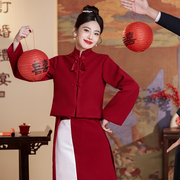 新中式旗袍敬酒服2023新娘结婚套装红色长袖，订婚礼服裙秋冬季