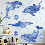 海洋鱼蓝色，海豚鲸鱼梦幻墙纸，画墙贴