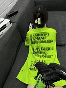 荧光绿街头潮牌短袖t恤女夏季2024宽松中长款百搭设计感上衣