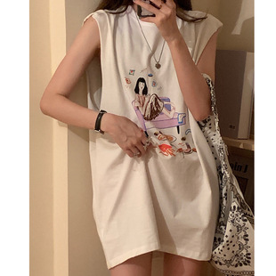 白色无袖t恤女2023夏季外穿韩版宽松印花背心中长款学生上衣