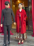 韩版酒红色大衣女结婚呢子双面羊毛秋冬高级感新娘毛呢外套可日常