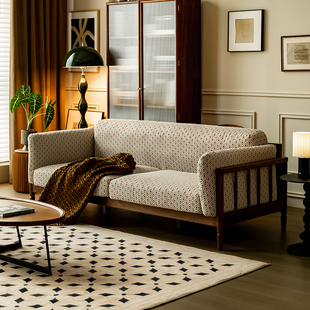 北美黑胡桃木实木复古沙发，客厅三人位布艺，现代简约小户型北欧家具