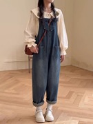 小个子穿搭初秋女装2023设计感娃娃领上衣牛仔背带裤两件套装