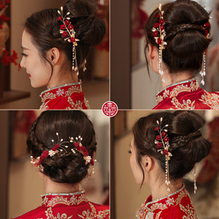 中式新娘秀禾服头饰，女新年红色发夹敬酒服发饰，结婚发卡马面裙饰品